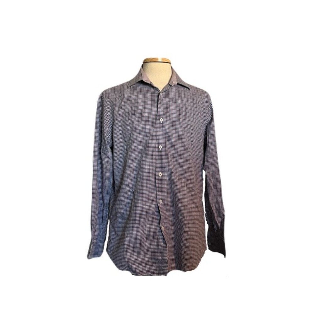 Bugatchi 16.5 34/35 White Black Blue Check Dress Shirt